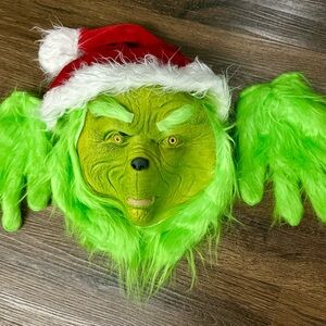 New Green Grinch Mask with Removable Santa Hat & Gloves